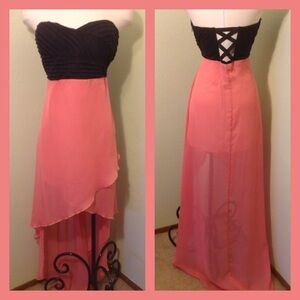 Elegant Black and Coral Strapless Dress